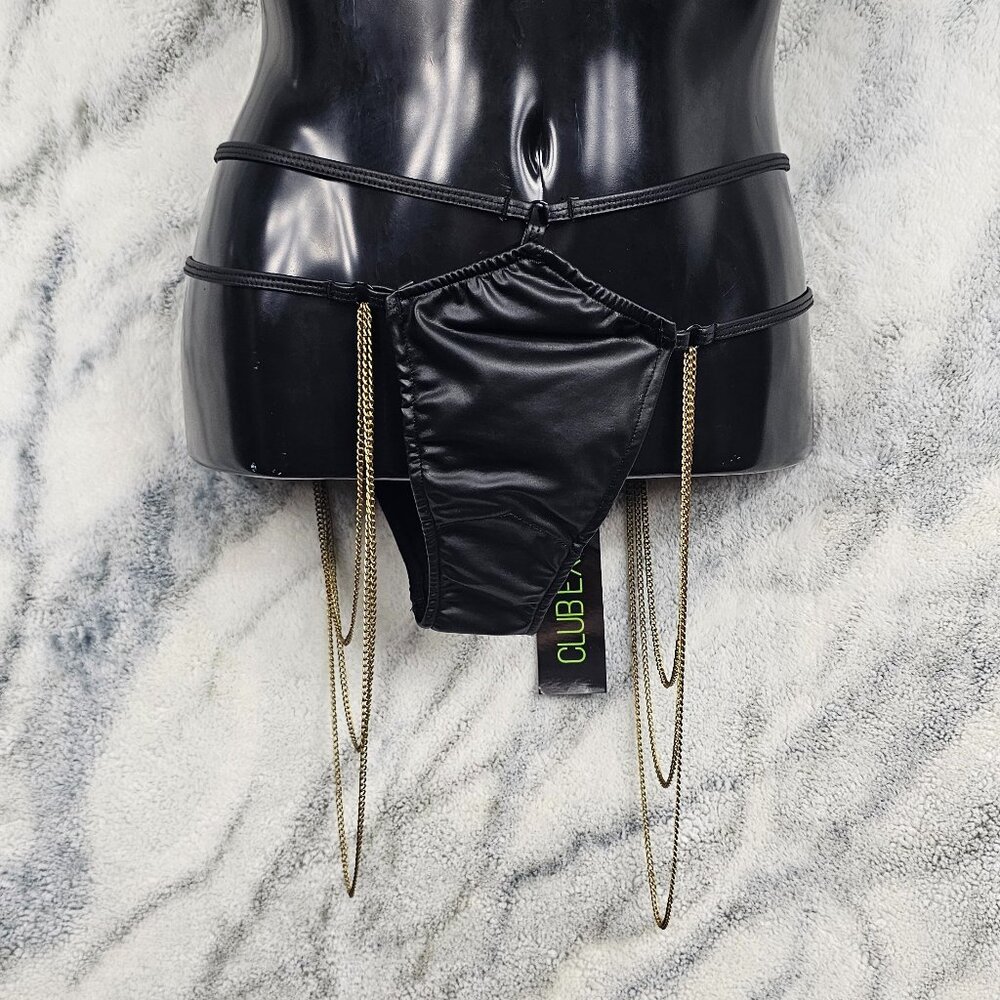 Dolls Kill Club Exx Size Large Black w Gold Chain Harness Strappy Rave Panty